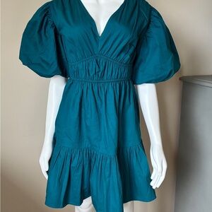 Cocktail Dress Teal Mini Dress Puff Sleeves XS Flirty Ruffle Summer Dress